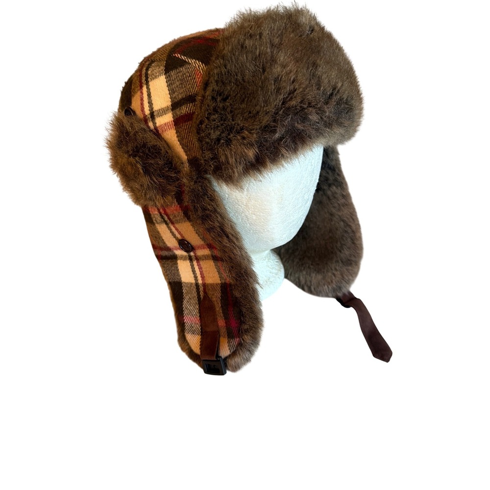Joe Boxer Trapper Hat Brown Plaid Faux Fur Trim Aviator Ushanka One Size